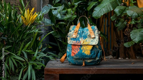 Eco-Friendly Upcycled Backpack on Wooden Bench Surrounded by Lush Green Plants. photo