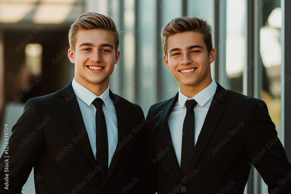 photo of two young business men in suits smiling into the camera at work in the office in finance. photo of two young business men in suits smiling into the camera at work in the office in finance.
