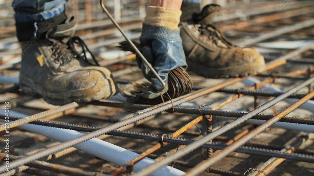 Worker tying steel reinforcement bars at construction site Worker tying steel reinforcement bars at construction site