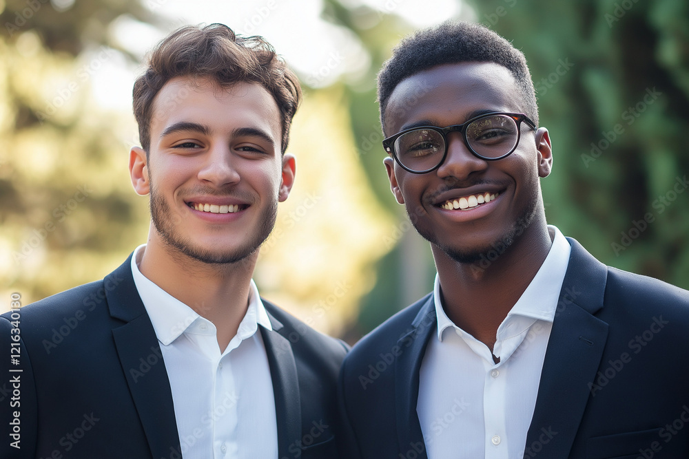 photo of two young business men in suits smiling into the camera at work in the office in finance. photo of two young business men in suits smiling into the camera at work in the office in finance.