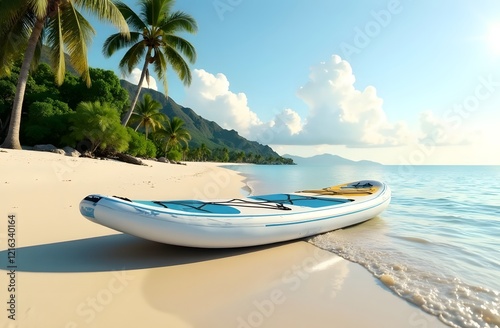 A tropical empty beach during a sunny day, with white sand and crystal-clear turquoise water, palm trees leaning towards the ocean,   colorful paddle board  painted in bright blue and yellow.