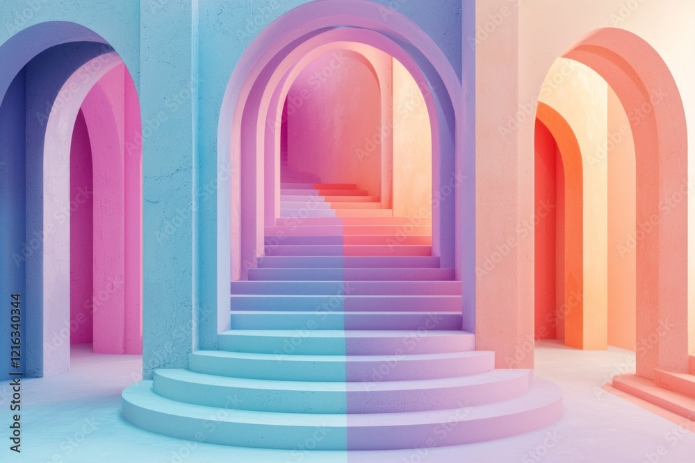 Isometric, colorful 3D render of stairs and arches in pastel colors of pink, blue, purple, and orange Isometric, colorful 3D render of stairs and arches in pastel colors of pink, blue, purple, and orange