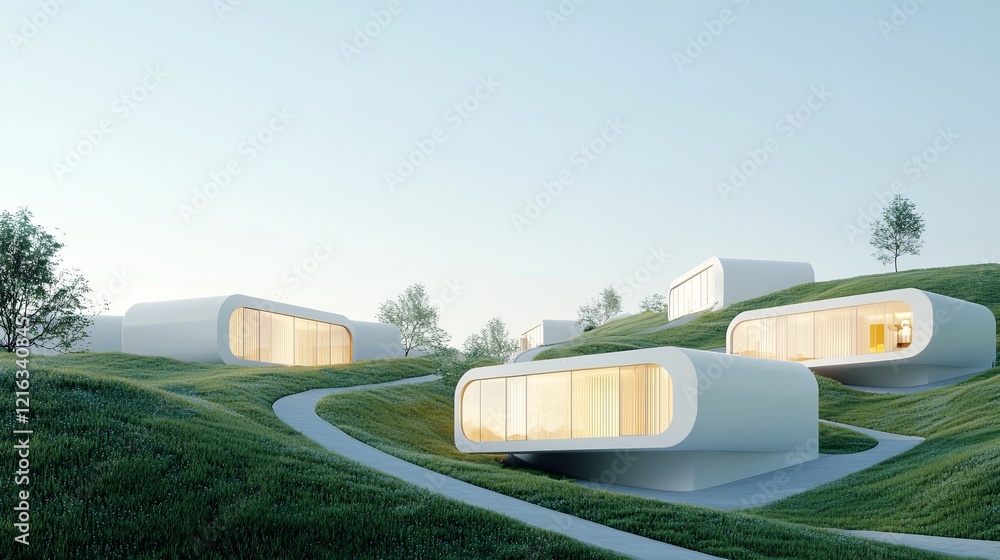 Modern residential community with transparent panes in innovative architecture contemporary environment aerial view Modern residential community with transparent panes in innovative architecture contemporary environment aerial view