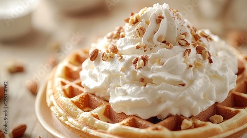 A close-up image of a golden-brown waffle topped with whipped cream and garnished with almonds.