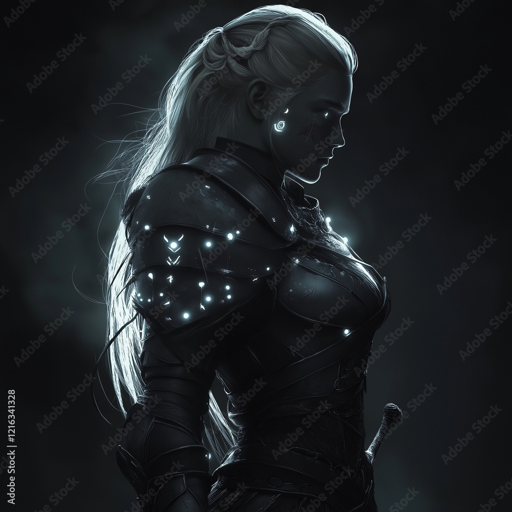 Silhouette of a female cyborg warrior in sleek armor with glowing elements against dark background Silhouette of a female cyborg warrior in sleek armor with glowing elements against dark background