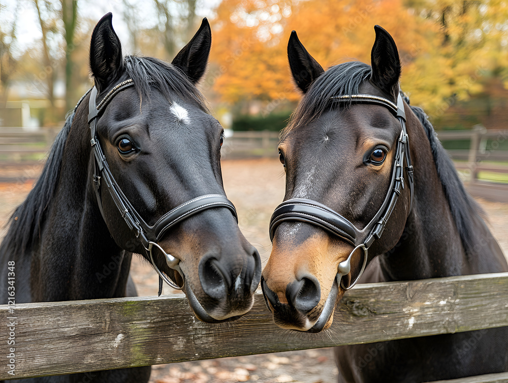 Obraz premium Groomed Horses Standing Side by Side in a Stable Amid a Serene Setting Showcasing Equine Beauty