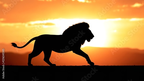 A Majestic Lion in Midstride, Its Powerful Legs and Mane Flowing photo