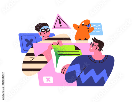 Hacker phishing passwords, personal data in internet. Thief cheats, steals money from banking account. Hacking, scam, online fraud, cyber crime concept. Flat isolated vector illustration on white