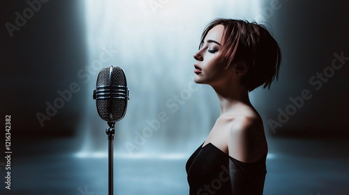 A poised woman in a sleek black dress stands near a vintage-style microphone under dramatic lighting, evoking the timeless elegance of classic performances and retro aesthetics. photo