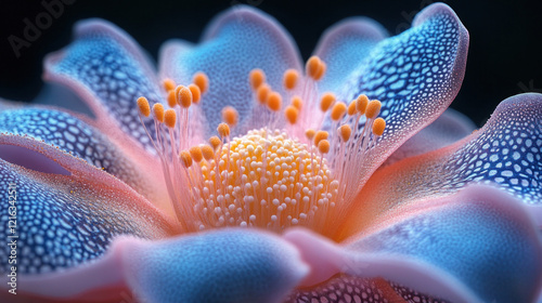 A cross-section of a flower's reproductive parts, with pollen grains and ovules detailed in vivid colors photo