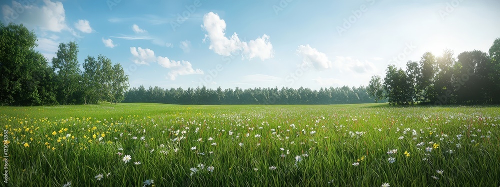 Fototapeta premium Serene Meadow with Blooming Wildflowers and Clear Sky