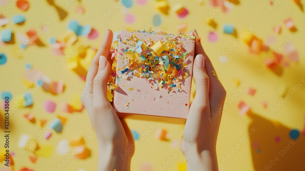 Fototapeta premium Hands holding pink gift box amidst colorful confetti