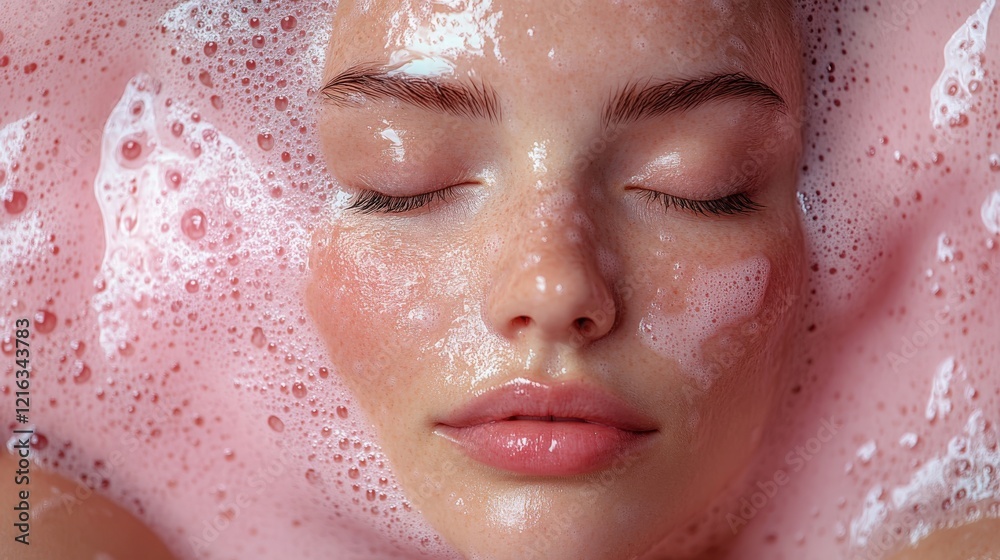 Fototapeta premium Serene head view with glossy shampoo foam and soft pink background