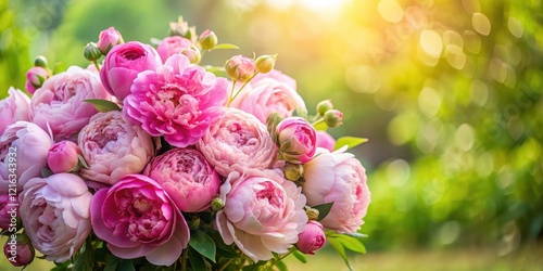 Fototapeta Naklejka Na Ścianę i Meble -  Bunch of pink peonies and roses in a garden, pink roses, floral bouquet,  pink roses