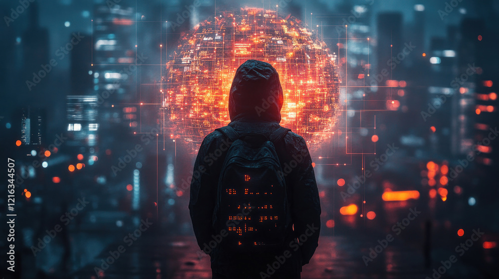 Fototapeta premium A hacker silhouette in front of a massive globe of digital connections with breach warnings