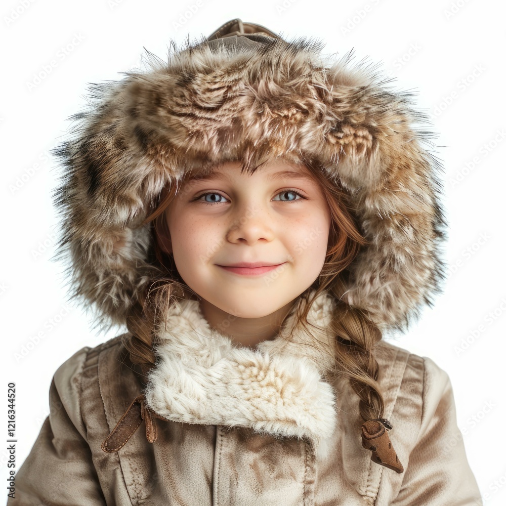 Smiling girl wearing winter coat with a furry hood, isolated on a white background Smiling girl wearing winter coat with a furry hood, isolated on a white background