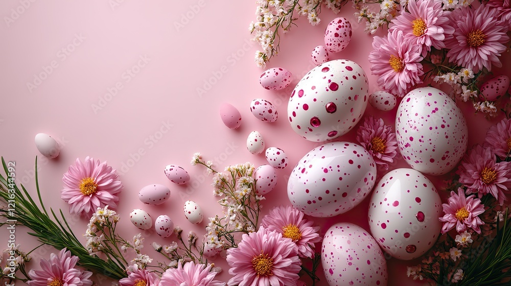 Glam Easter setting captured from a top view Eggs, porcelain rabbits, and chrysanthemums on a soft pink canvas, ready for your greeting text or ads Glam Easter setting captured from a top view Eggs, porcelain rabbits, and chrysanthemums on a soft pink canvas, ready for your greeting text or ads
