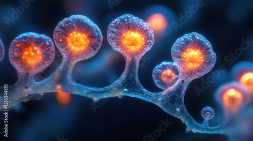 A high-resolution microscopic image of fungal spores, glowing with bioluminescent markers photo