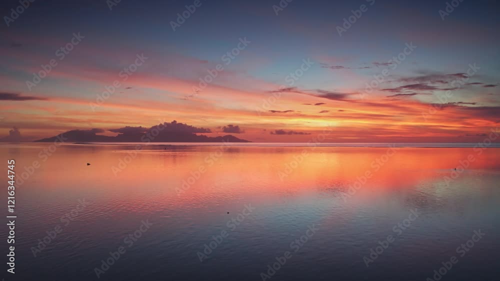 Breathtaking aerial view of a vibrant sunset reflected in calm ocean waters, with a lone man standing on the shoreline, creating a serene and picturesque scene in a tropical paradise Breathtaking aerial view of a vibrant sunset reflected in calm ocean waters, with a lone man standing on the shoreline, creating a serene and picturesque scene in a tropical paradise