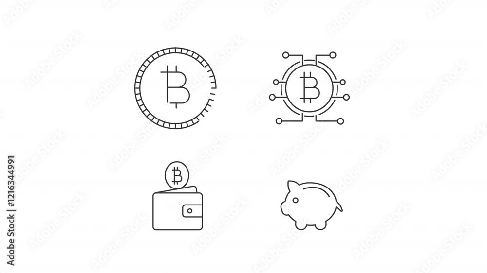 Bitcoins mining animation set. Cryptocurrency financial network animated line icons. Digital transactions. Black illustrations on white background. HD video with alpha channel. Motion graphic Bitcoins mining animation set. Cryptocurrency financial network animated line icons. Digital transactions. Black illustrations on white background. HD video with alpha channel. Motion graphic