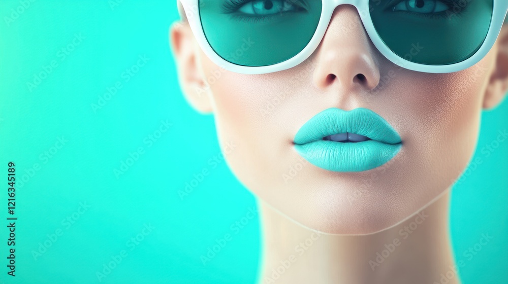 Woman, teal lips, sunglasses, aqua background, beauty ad Woman, teal lips, sunglasses, aqua background, beauty ad