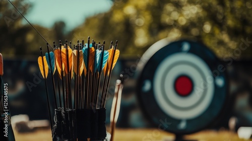 Archery equipment set up with a target in the background. Featuring a bow, arrows, and a quiver. Highlighting the preparation for an archery session. Ideal for archery guides and sports blogs.