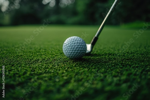 Golf ball ready to be struck on a lush green fairway during a sunny afternoon golf game at the local course photo