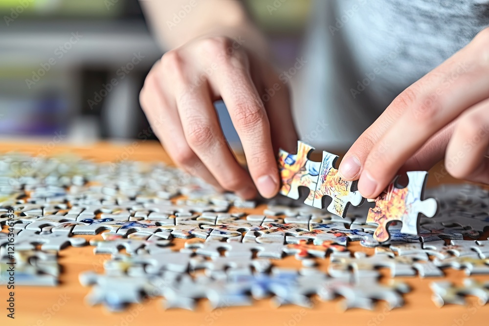 Hands carefully fit puzzle pieces together, creating colorful im Hands carefully fit puzzle pieces together, creating colorful im