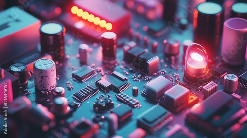 Vibrant electronic spare parts such as LEDs, transistors, and ICs displayed on a neutral surface, 8k, realistic, full ultra HD, high resolution, cinematic photography photo