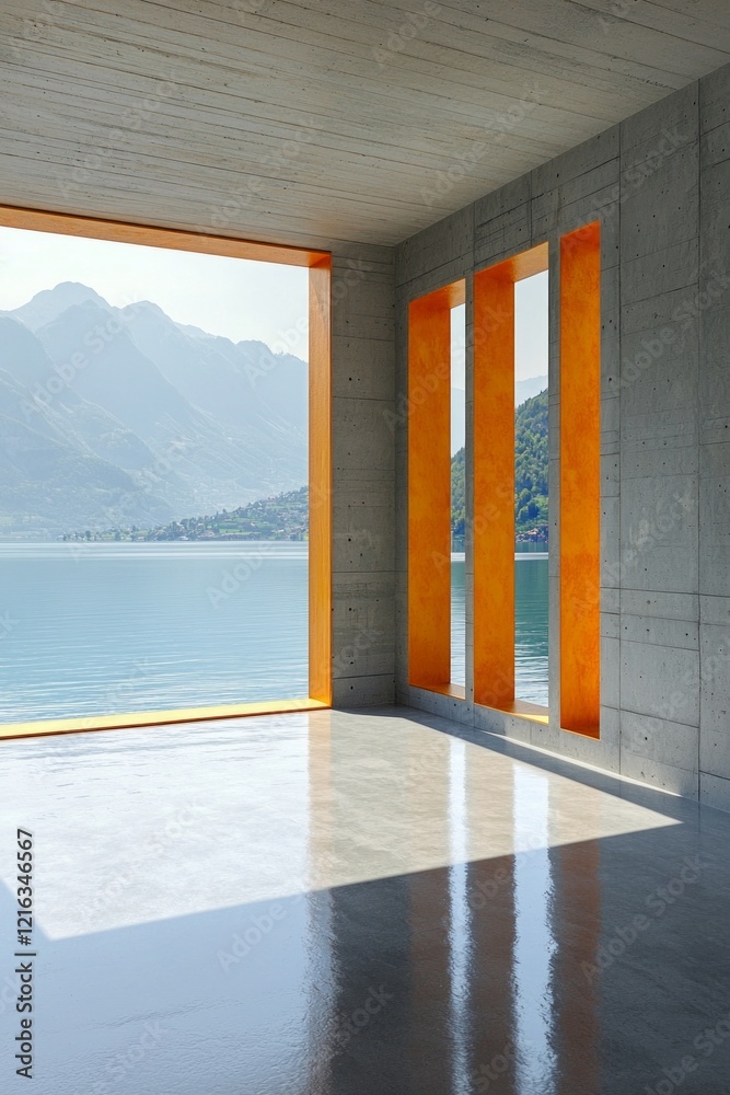 Fototapeta premium Modern architecture, minimalist interior design, concrete floors and walls, orange window frames, a lake view with mountains in the background