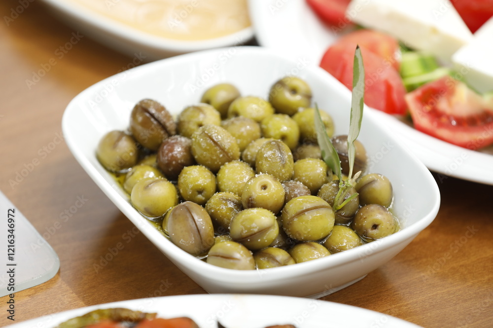 Mixed breakfast in nature with green olive's, healty food Mixed breakfast in nature with green olive's, healty food