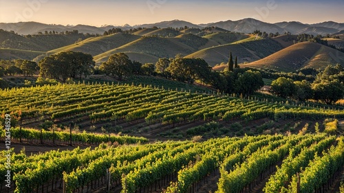 Panoramic Vineyard Landscape with Oak Tree in Sonoma County