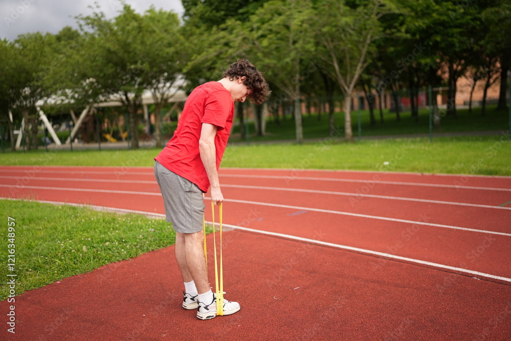Obraz premium Athletic man exercising with an elastic band