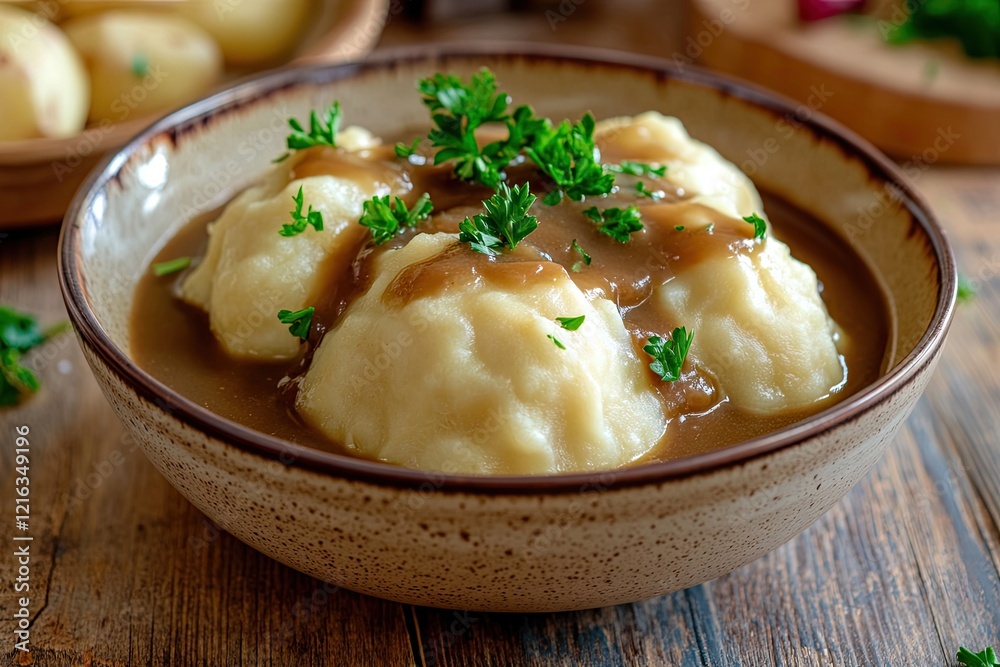 Creamy mashed potatoes topped with rich gravy and fresh herbs cr Creamy mashed potatoes topped with rich gravy and fresh herbs cr