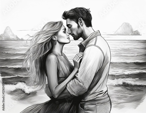 Romantic embrace between a couple on a beach with waves and distant mountains in the background photo