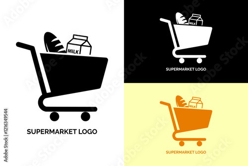 an illustration of a shopping cart filled with a bread and milk carton, vectors, diary, bakery, supermarket logo, village, farming, mart, shopping mall, super store, vectors, abstract logo