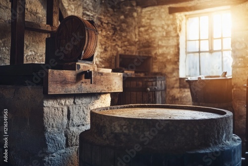 Rustic interior with stone walls, wooden beams, and soft sunligh photo