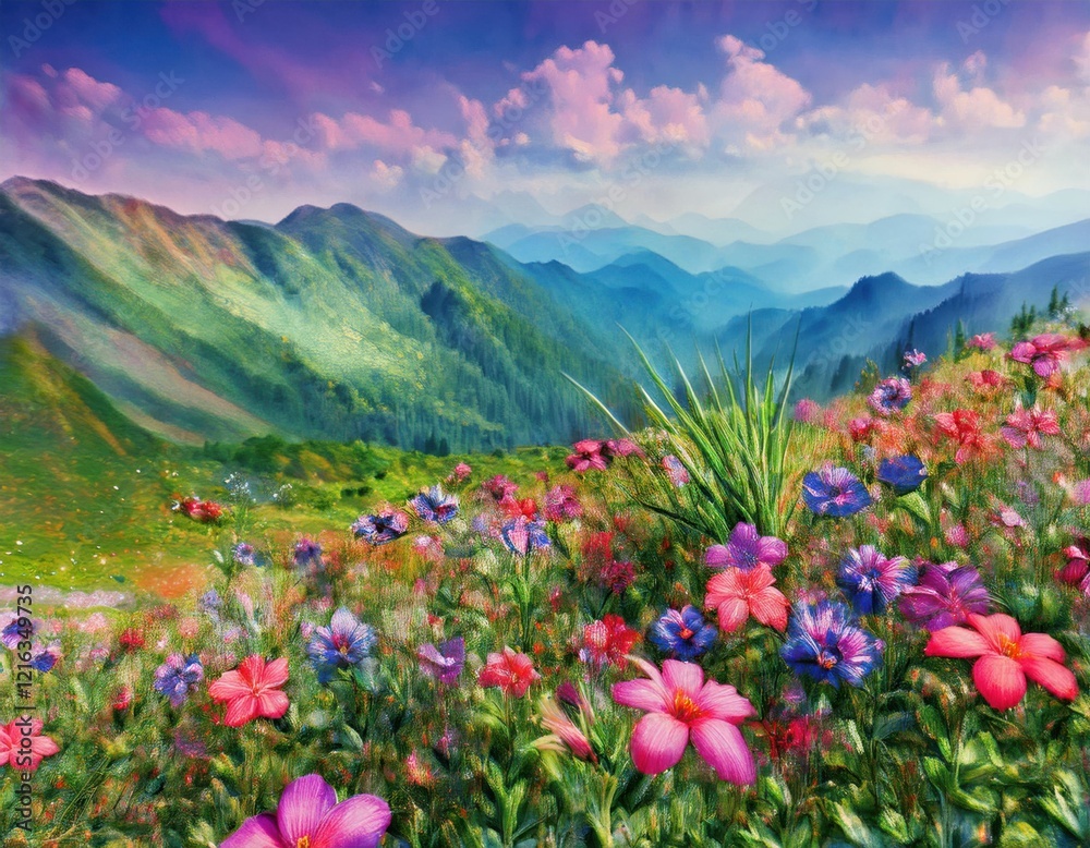 Vibrant wildflowers bloom on a lush hillside under a colorful sky in a serene mountainous landscape Vibrant wildflowers bloom on a lush hillside under a colorful sky in a serene mountainous landscape