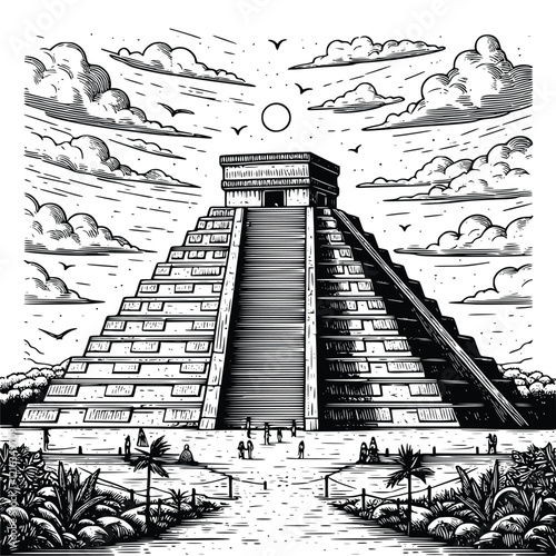 Vintage Style Line Drawing of Maya Pyramid