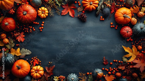 Grasp the essence of autumn harvesting a top view reveals ripe pumpkins, gourds, and fall elements on a dark wooden surface, allowing space for text advertising to resonate with the seasonal concept photo