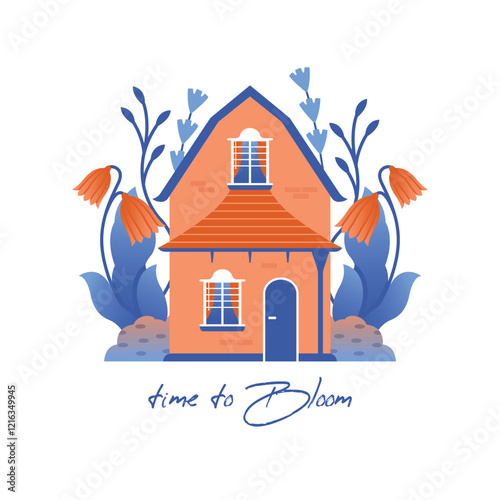 Rural house among spring plants and flowers. Time to Bloom. Hello Spring. Vector illustration with residental building on village landscape. Cute naive clip art to card, banner, poster, sticker.