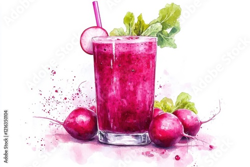 Watercolor radish smoothie, isolated on a white background.