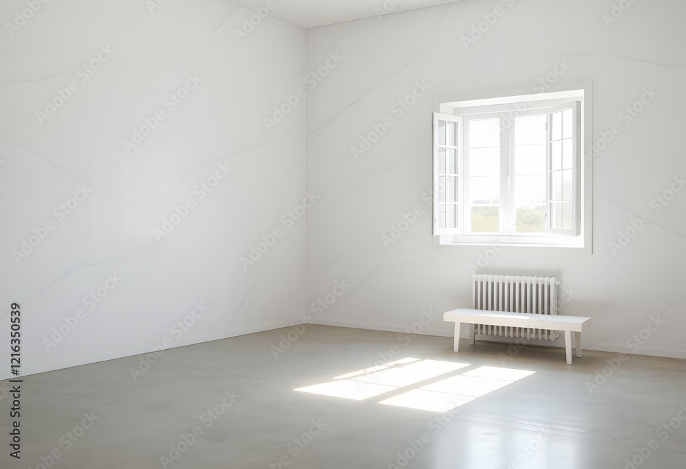 Fototapeta premium Minimalist white room, large windows, panoramic mountain view, cherry blossom trees, spring scenery, bright natural light, clean interior, potted plant, hardwood floors, serene atmosphere, architectur