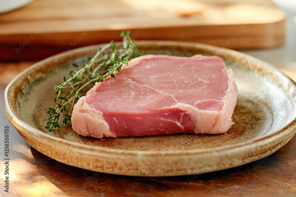 Fresh raw meat slice on rustic plate garnished with aromatic thy Fresh raw meat slice on rustic plate garnished with aromatic thy