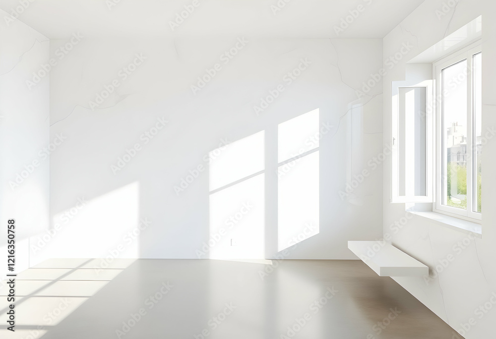 Fototapeta premium Minimalist white room, large windows, panoramic mountain view, cherry blossom trees, spring scenery, bright natural light, clean interior, potted plant, hardwood floors, serene atmosphere, architectur