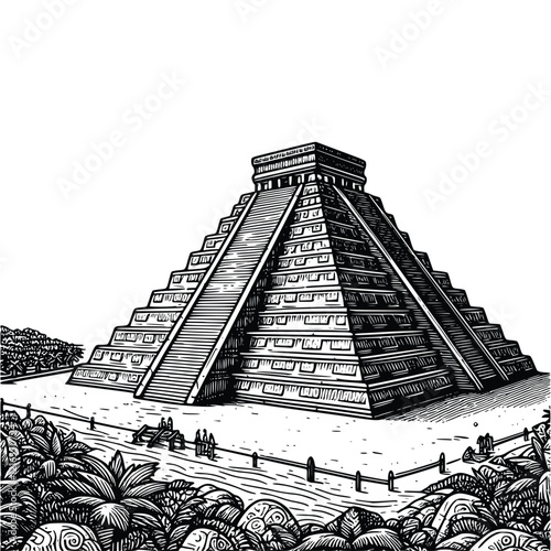 Hand Drawn Black and White Maya Pyramid Isolated background