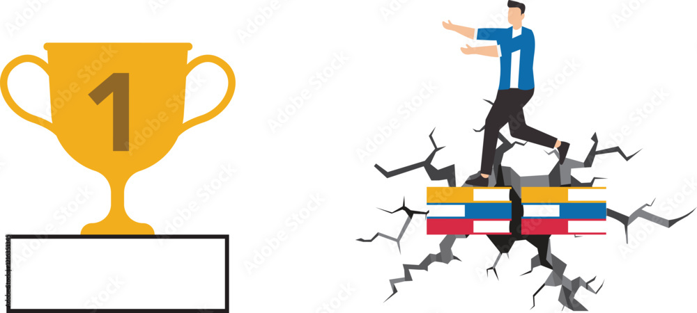 Fototapeta premium Education or knowledge to reach business success, wisdom or learning to help employee achieve goal, training or education course, successful businessman overcoming obstacles with stack of books