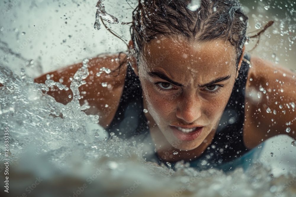 Fototapeta premium Intense swimmer emerging from waves, showcasing determination an