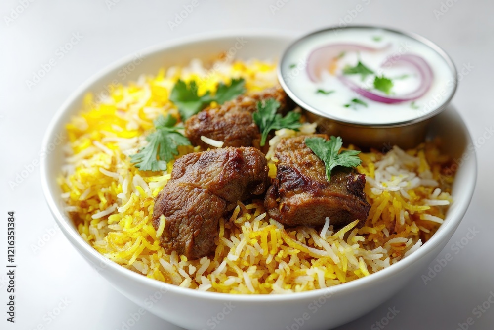 Fragrant rice dish topped with tender meat, garnished with fresh Fragrant rice dish topped with tender meat, garnished with fresh