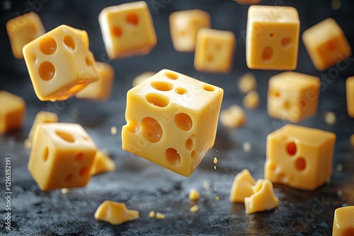 Floating cheese cubes create playful and vibrant scene with dyna photo